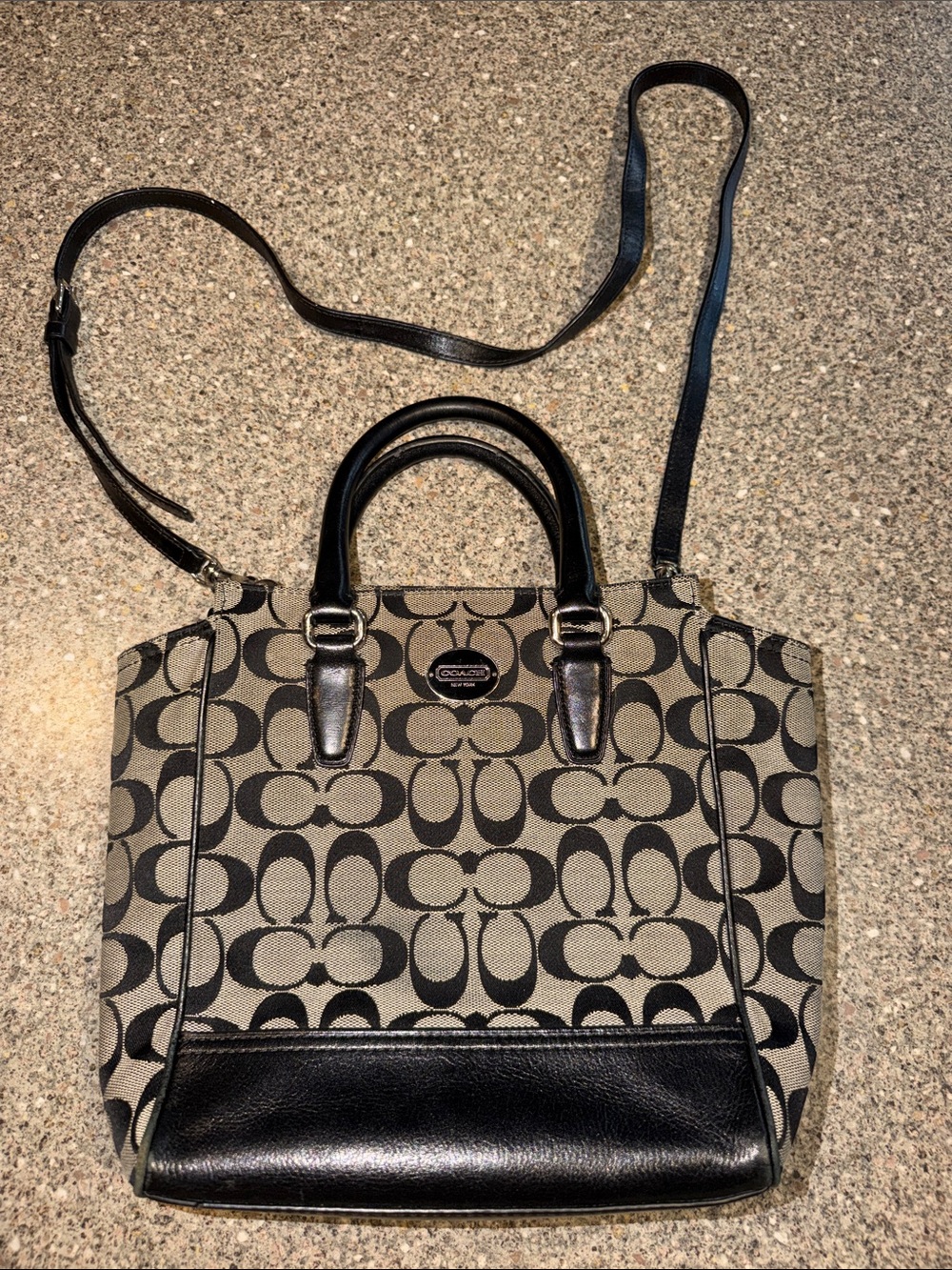 Coach Black Signature Canvas Tote with Leather Trim